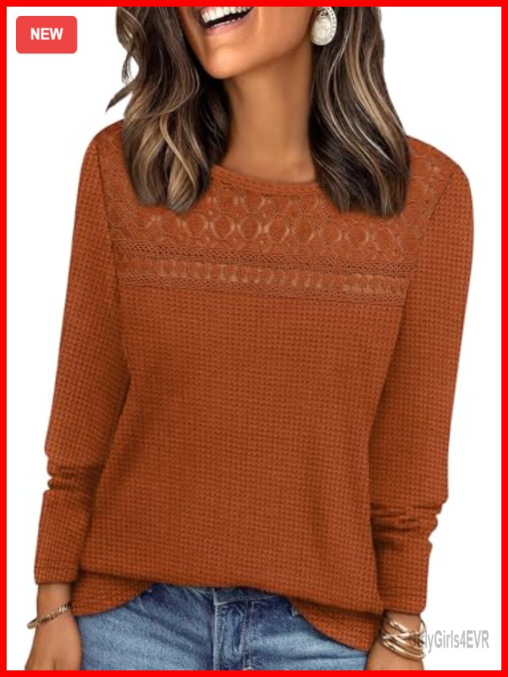 Womens Lace Long Sleeve Blouse Dressy Casual Waffle Knit Sweater Top